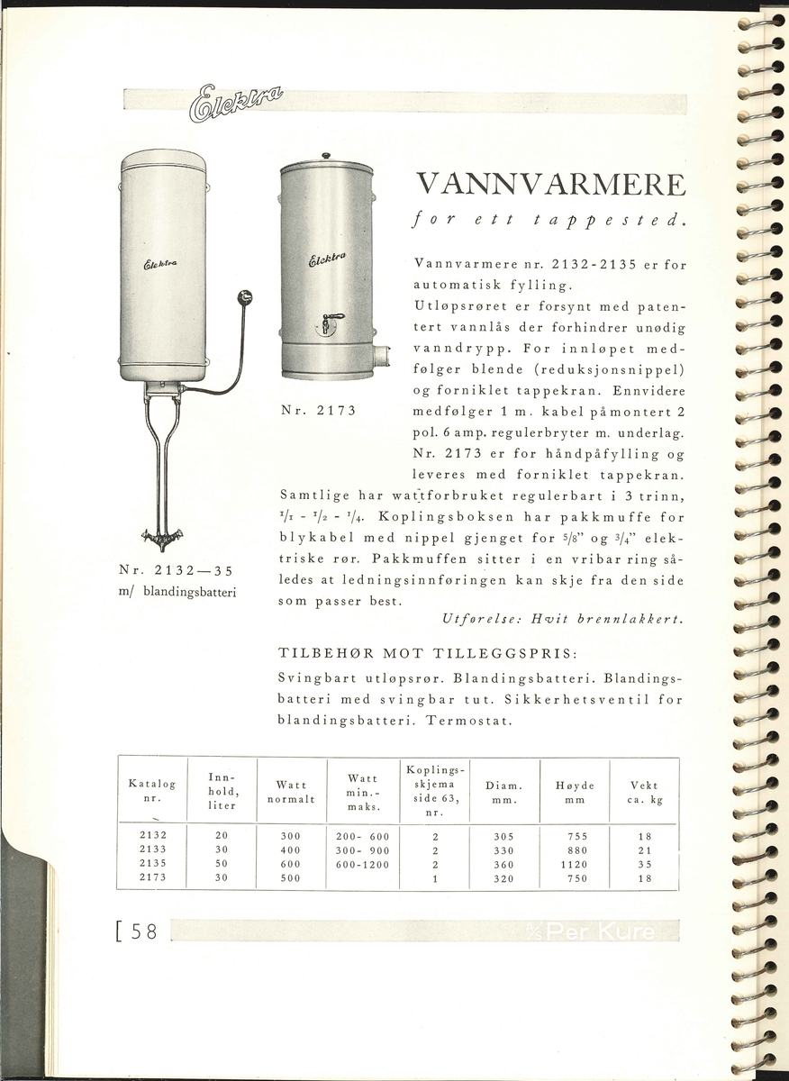 Elektra hovedkatalog.
Varekatalogen innheld illustrasjonar, namn på og pris på elektriske apparat som komfyrar, kokeplatar, steikeomnar, omnar, varmtvannsbehodarar o.a.
80 sider.