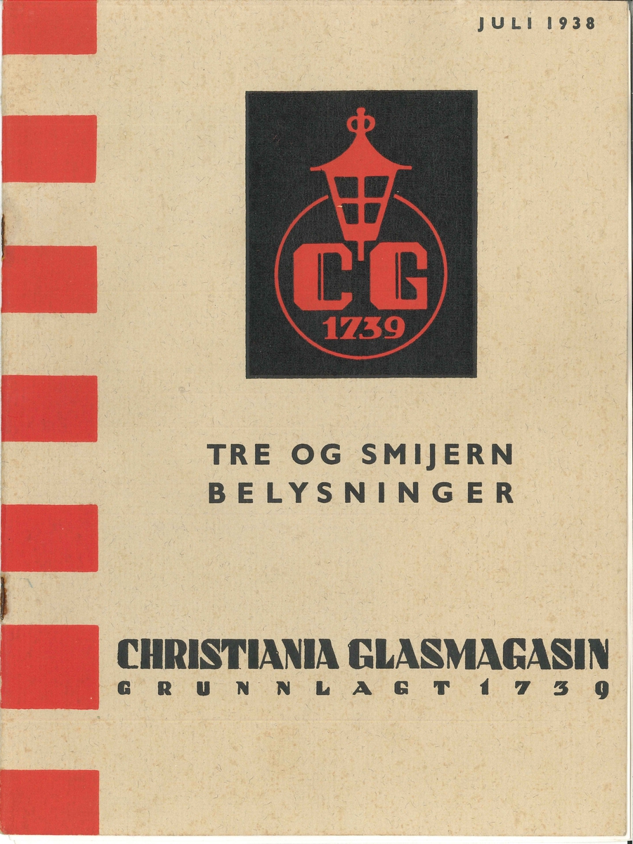 Varekatalog over elektriske belysningsartikler frå 1938. Kroner, takbelysninger, pendler og ampler, vegglamper, skibsbelysning, veibelysning, håndlamper, bordlamper, gulvlameper, skjermer, holdere etc. 
Trykksak med mjukt omslag. Hefta saman med jarnstifter. Raud, svart og kvit framside. Illustrasjonar i svart-kvitt/gråtonar.