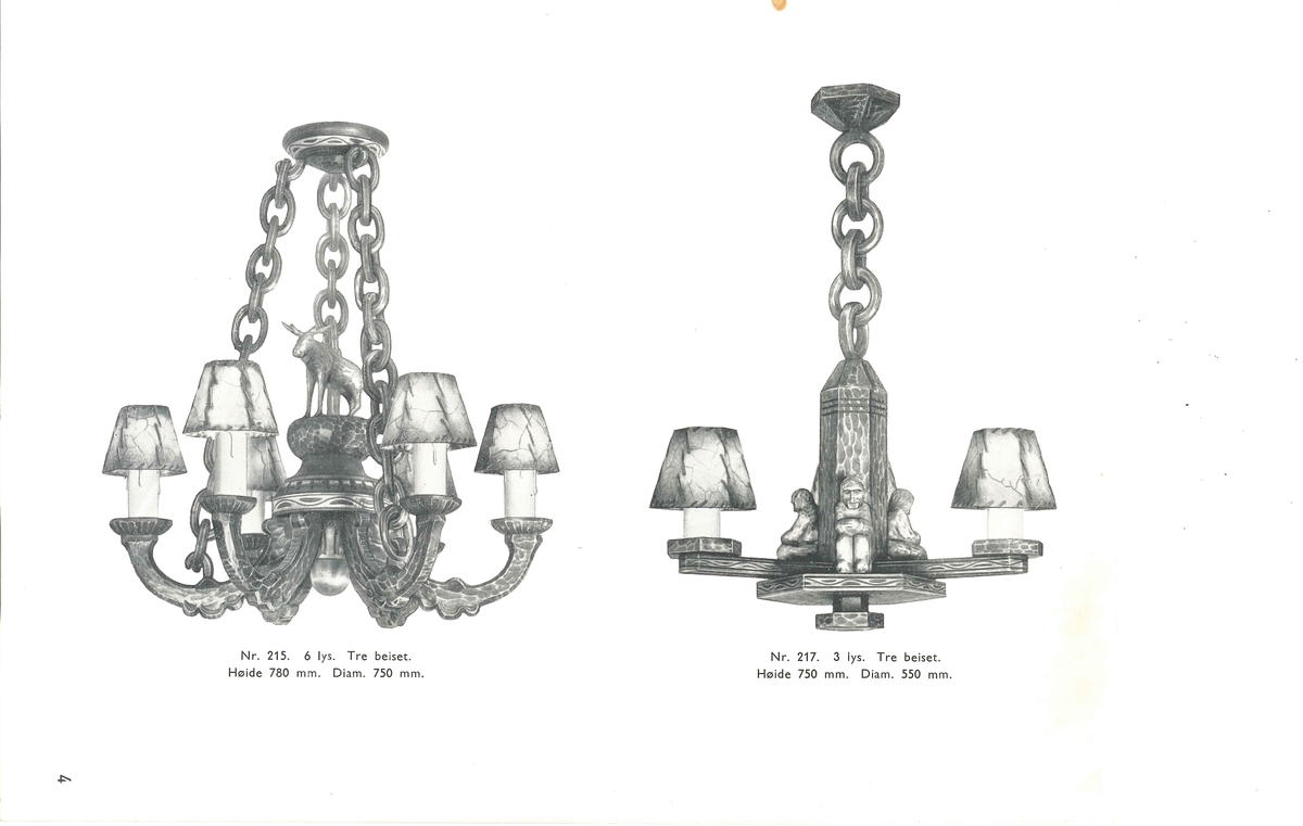 Varekatalog over elektriske belysningsartikler frå 1938. Kroner, takbelysninger, pendler og ampler, vegglamper, skibsbelysning, veibelysning, håndlamper, bordlamper, gulvlameper, skjermer, holdere etc. 
Trykksak med mjukt omslag. Hefta saman med jarnstifter. Raud, svart og kvit framside. Illustrasjonar i svart-kvitt/gråtonar.