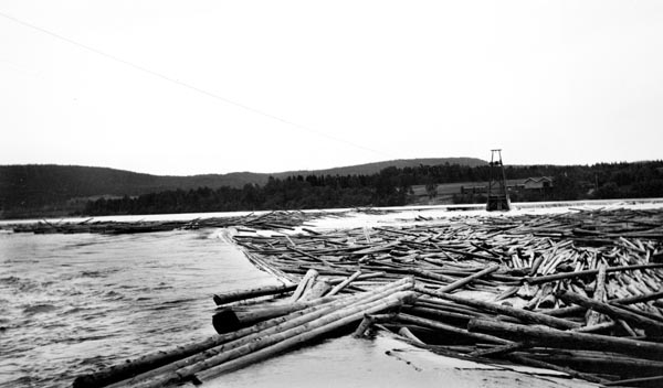 Tømmervaser ved Funnefossen i Glomma, nærmere bestemt i Nes kommune på Romerike.  Fotografiet later til å være tatt fra nordre elvebredd, på tvers av elveleiet, der det ser ut til at det var bygd en buet løftedam.  I forgrunnen lå noen få stokker mot kanten av denne dammen, lengre ute var det en større tømmervase som lå slik.  I bassenget nedenfor den nevnte løftedammen lå det store mengder tømmer på vannspeilet.  Over det hele gikk det en kabel mot et tårn som sto på et steinkar ute i elveløpet.  Dette var muligens bærekonstruksjoner for taubanen til Funnefoss tresliperi, som lå på den nordvestre sida av fossen

Funnefossen var egentlig navnet på ei rekke av elverstryk, fordelt over en distanse på drøyt 800 meter og med et fall på bortimot 11 meter. Sentralt i fossen lå det også en holme, som delte elva i to løp.  Ved det vestre av disse lå Funnefoss tresliperi.  Også tømmerfløterne foretrakk dette vestre løpet, og følgelig stengte de det østre ved hjelp av ei ledelense.  Funnefossen var likevel en vanskelig fløtbar del av elva, spesielt når vannstanden var lav.  Da hadde nemlig stokkene lett for å sette seg fast på steinskjær i fossestrykene.