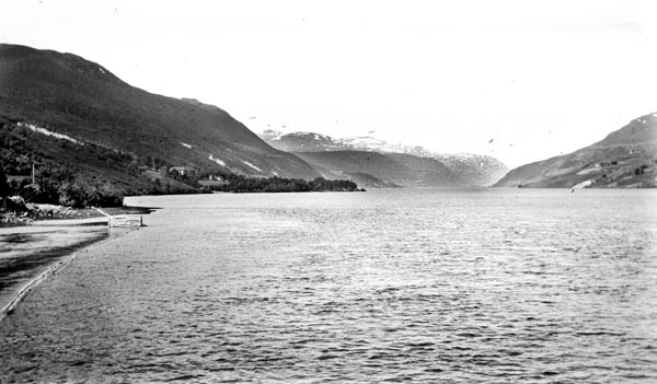 Landskapsfotografi, tatt fra den østre delen av Vågåvatnet, med Strondlii til venstre (på sørsida av innsjøen) og Nordherredsgrenda til høyre.  I forgrunnen til venstre ser vi et lensekar - ei steinfylt tømmerkiste - og ei dobbelt lense.  Fotografiet er antakelig tatt fra Sundbrui ved Vågåmo, og den nevnte lensekonstruksjonen skulle antakelig lede tømmer fra som ble fløtet fra bygdene ovenfor under brua og videre nedover Otta-elva på en hensiktsmessig måte.  

Fotografiet er fra den østre delen av en lang, smal innsjø som strekker seg over en strekning på om lag fire mil, gjennom kommunene Skjåk, Lom og Vågå.  Vannspeilet ligger om lag 360 meter over havet.  Skogene i bygdene langs dette vassdraget var lenge preget av at mye av skogen gikk med til lokalt forbruk.  Det ble likevel fløtet en del tømmer her.  Stokkene ble samlet i ringbommer eller grimer, som ble drevet mot utløpet ved Vågåmo.