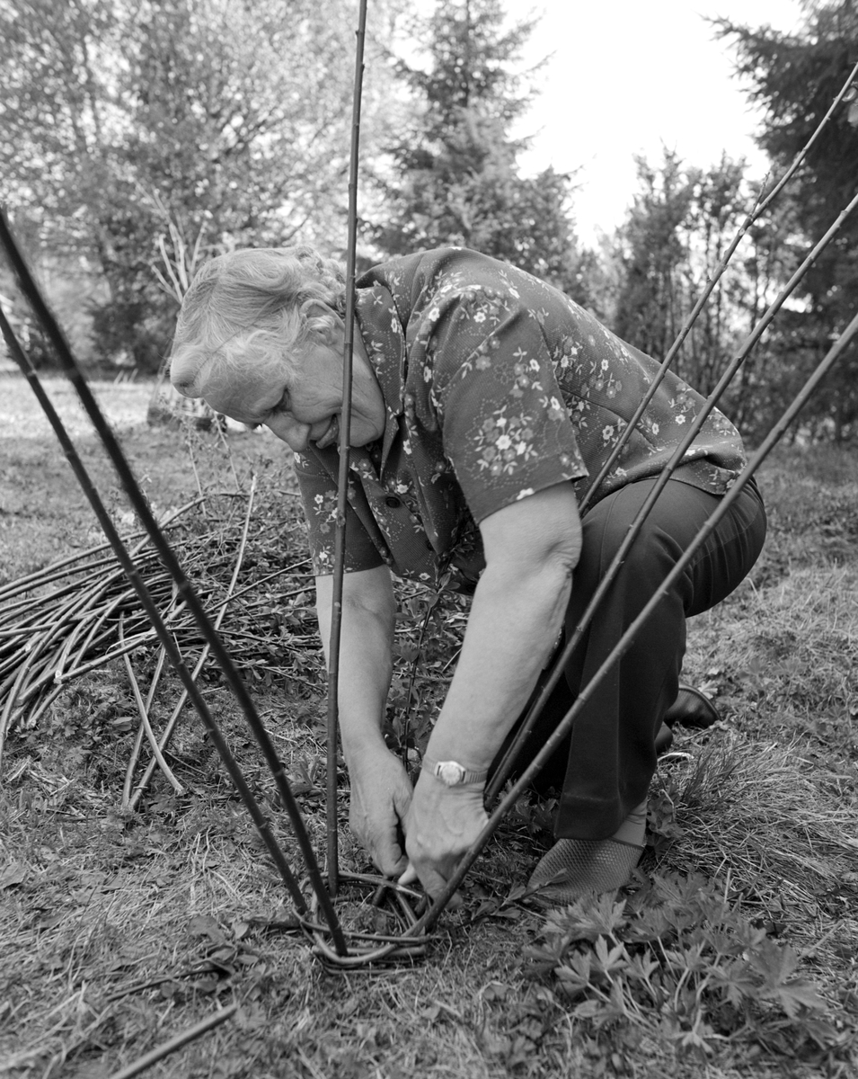 Aslaug Johannessen, Solbakken, Furnes. Kurvfletting, abborkupe, abborruse, vierkupe, fiske, fiskemetode.
