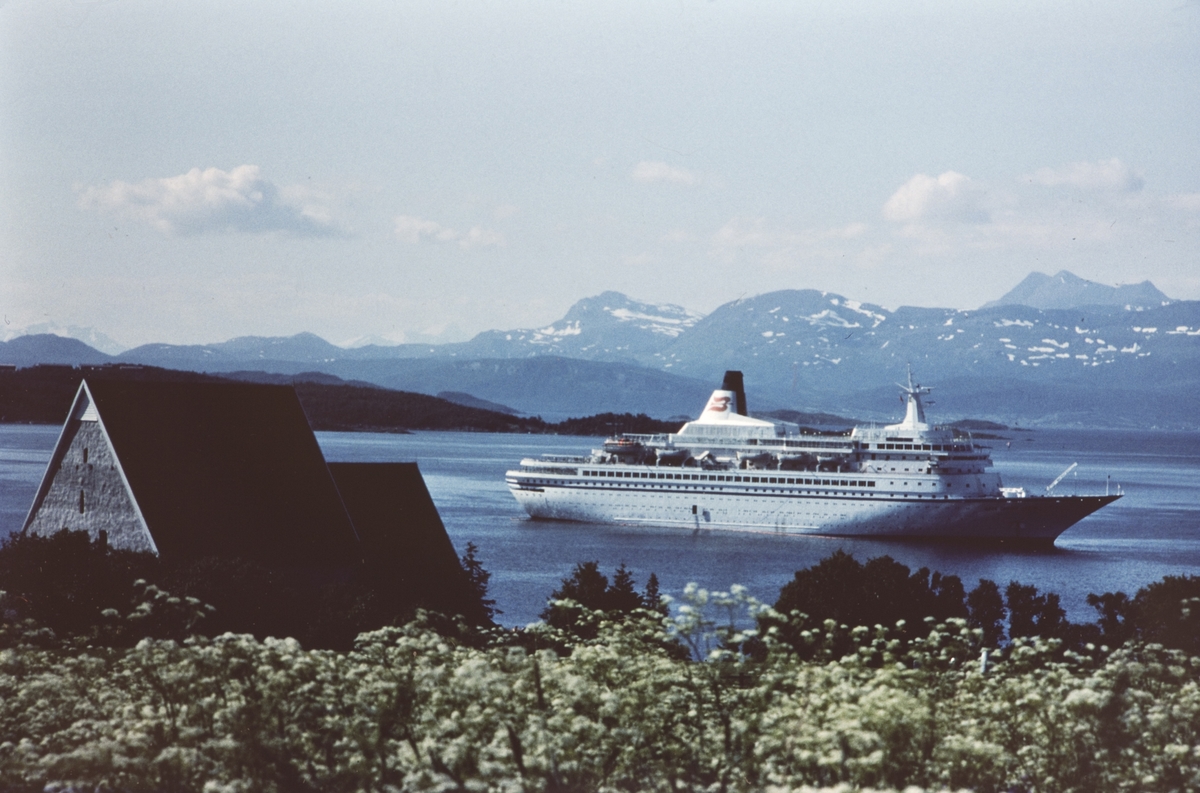 Turistskipet "Royal Viking Sea" utenfor Trondenes kirke. Hundekjeks i forgrunnen.