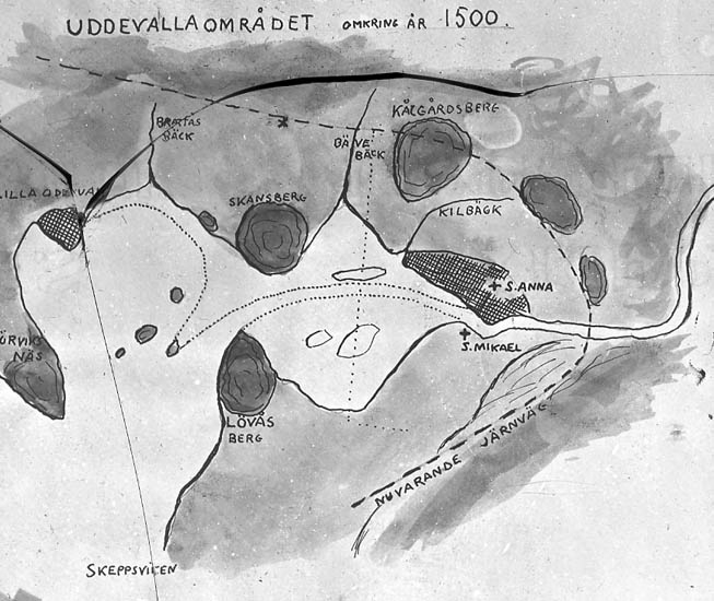 "Det gamla Uddevalla".
Akvarell över hamninloppet till Uddevalla.