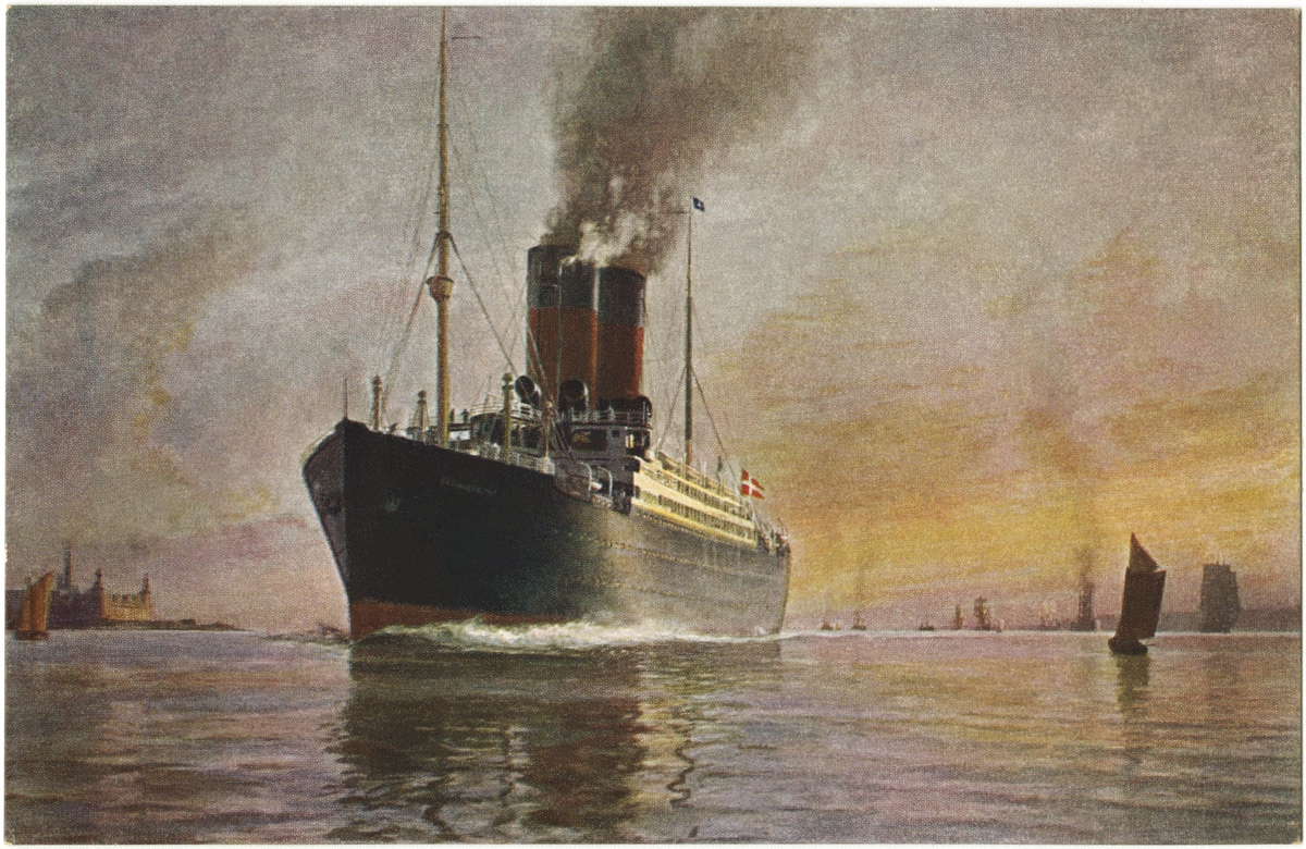 Det foreenade Dampskibs-Selskap. Skandinavien-Amerika Linie. Chr. Mölsted: Fredrik VII ved insejlingen t Öresund. Strenders forlag Copyright