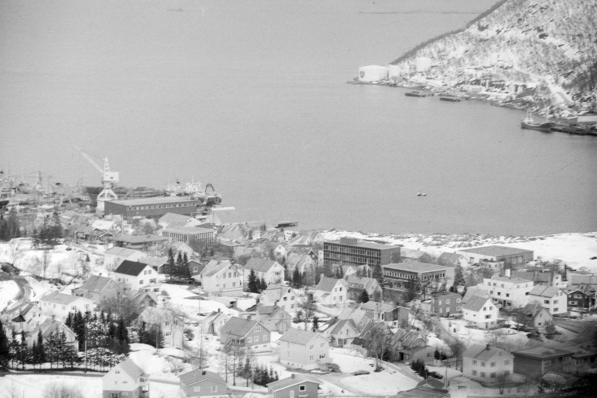 Området ved byskillet, fotografert fra åsen. Kaarbøverkstedet og Gangsås i bakgrunnen.