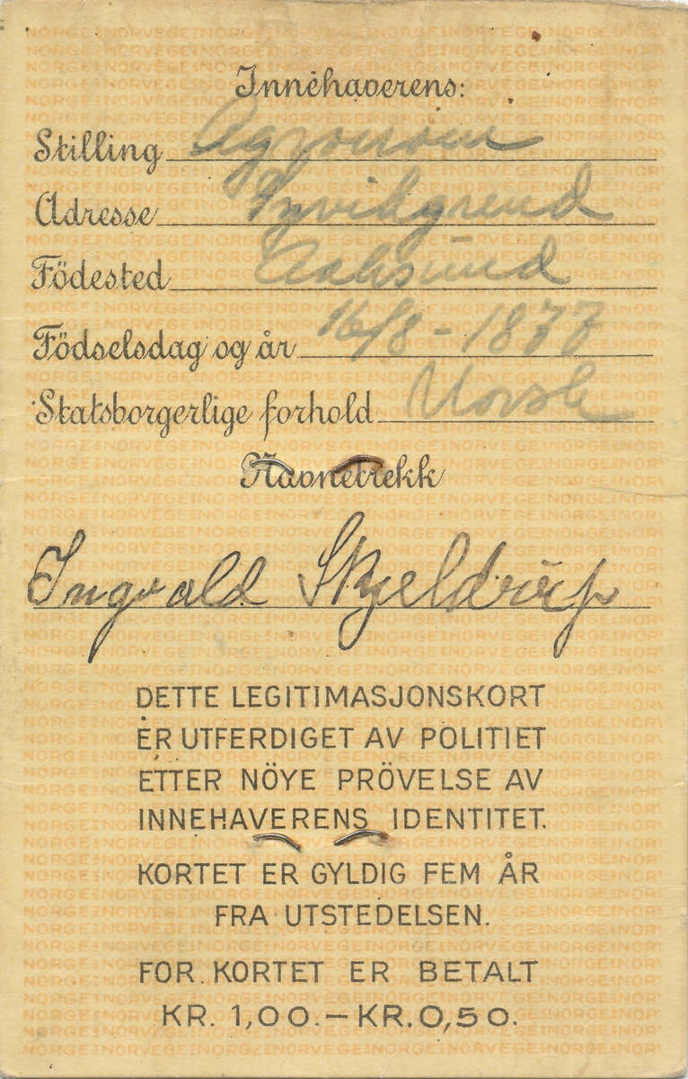 Legitimasjonskort for Ingvald Skjeldrup fra 1941.