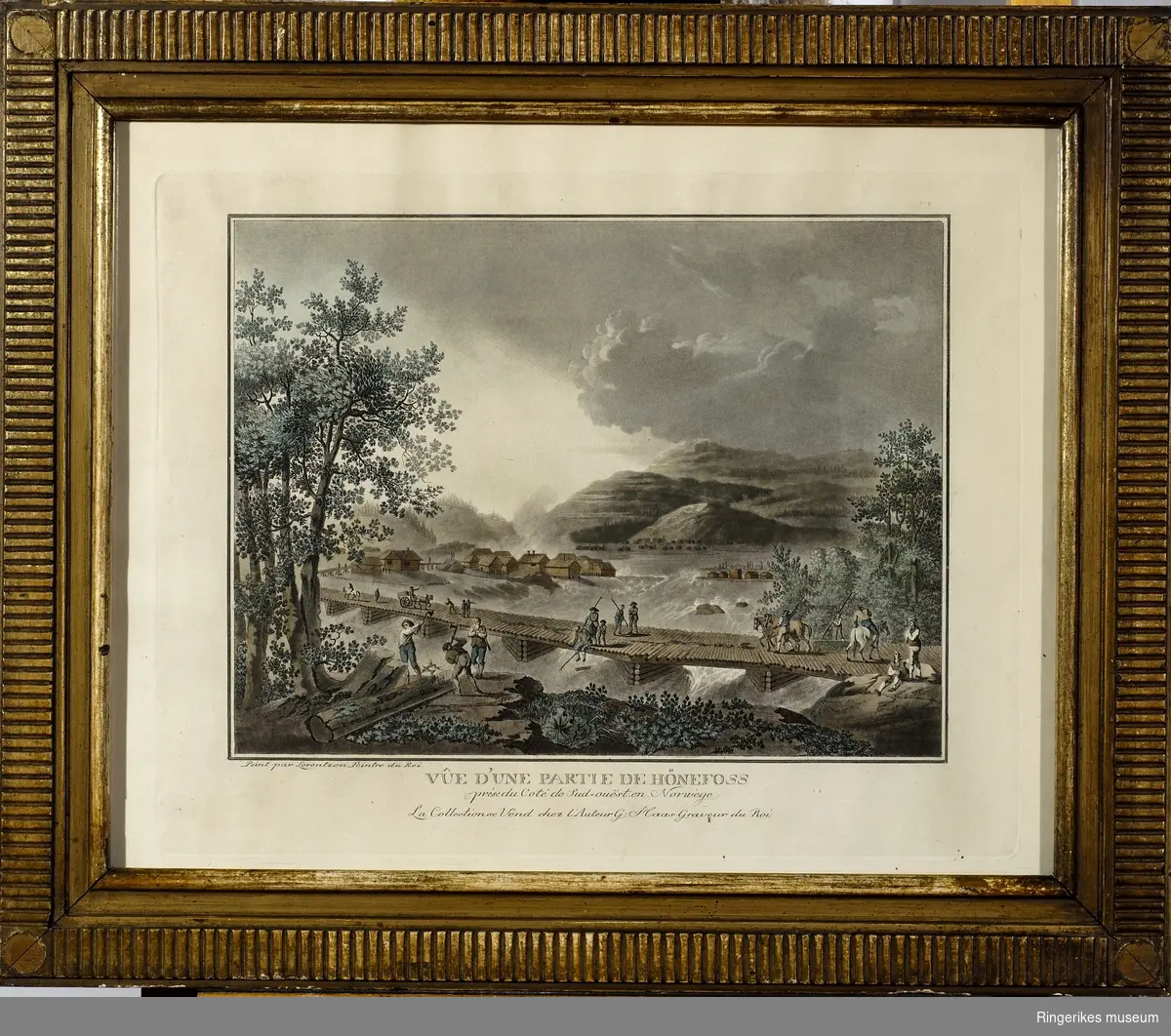 :: VÚE DÚNE PARTIE DE HÖNEFOSS
Kobberstikkav Hønefossen, stukket av Georg Jakob Haas     ( 1756 - 1817 Danmark ) etter et originalmaleri av   Christian August Lorentzen ( Dansk maler 1746 - 1828 )
 ::