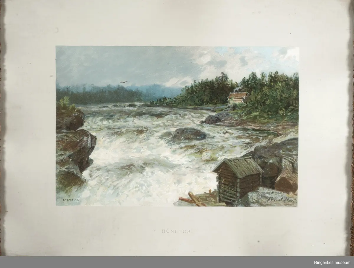 Hønefossen
Bilde av Hønefossen. Under selve fossemotivet står det Hønefos.. Og i venstre bildekant nede står det Eneret J. F.. Motivet er trolig fra øvre del av fossen. Signaturen nederst i høyrebildekant er Morten Müller. Bildet måler 41 X 34 cm.