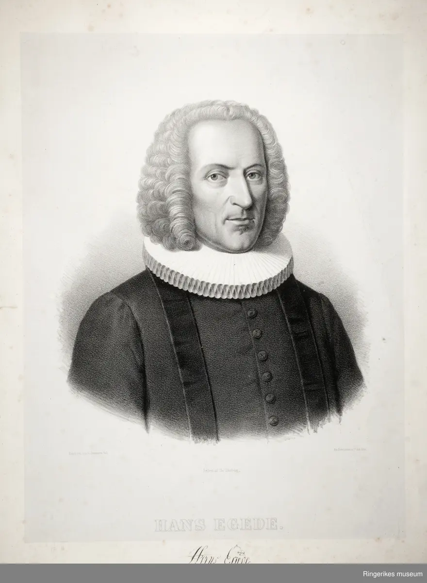 Litografi i glass og ramme. Avbildet person er Hans Egede. Utgitt av Chr. Tønsberg. Hans Egede (1686 - 1758). Norsk prest. Misjonær på Grønland - Grønlands apostel.  Bildet måler 34 X 44 cm.