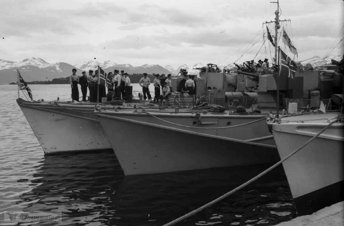 Bildet viser baugen på tre motortorpedobåter av D-klassen (Fairmile type D). De to nærmeste er norske, mens den tredje er britisk. Fotografert 16. mai 1945 ?