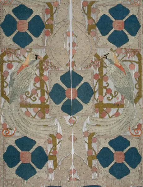 Biletteppet "Klematis og paradisfugler" av tekstilkunstnaren Frida Hansen