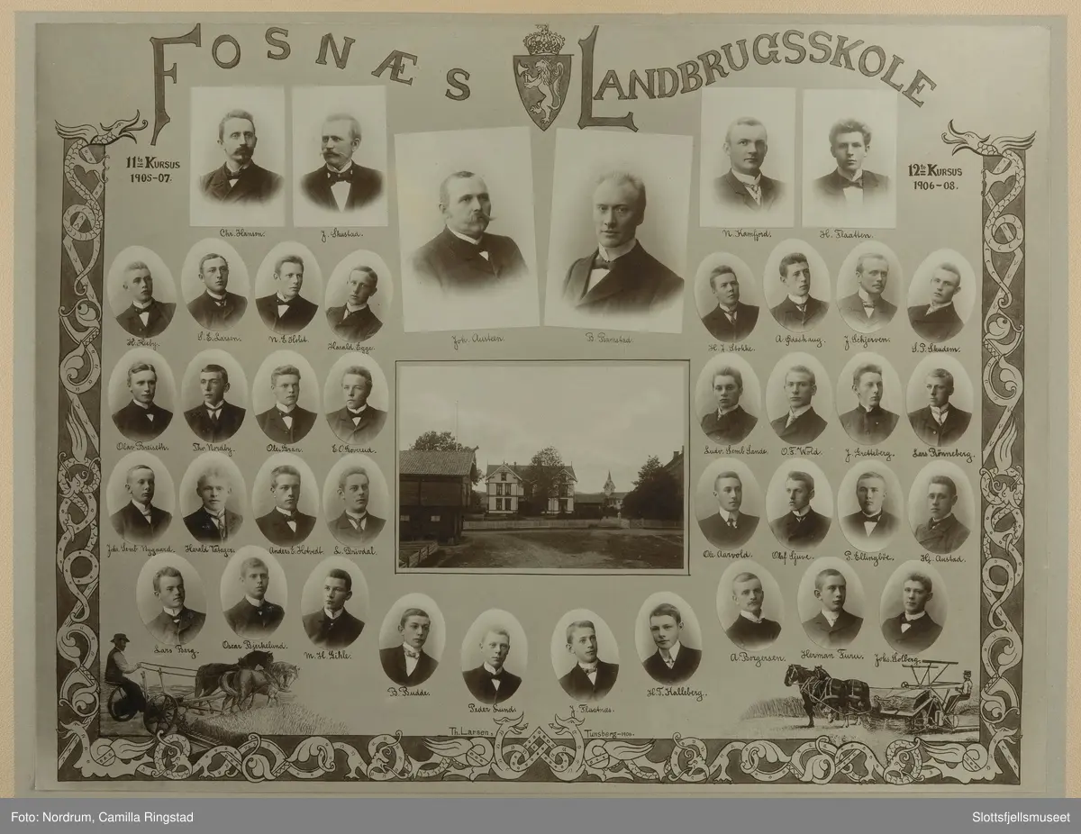Montasjen viser bilde av to elevkull ved Fosnæs landbrugsskole (1905-1907 og 1906-1908). I glass og ramme