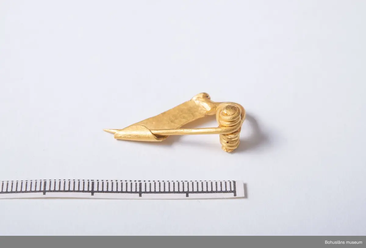 Spänne av guld. Intakt, mycket välbevarad och vacker bågformig fibula med nål, helt i guld. 

 Den här typen av dräktspännen kallas för armborstfibula och förekommer oftast i brons eller silver. Armborstfibulor förekommer som gravfynd i Danmark, Norge och Sverige. Armborstfibulor helt i guld är dock mycket ovanliga. Det har hittats 6 fibulor av liknande typ i Danmark och bara några enstaka i Norge och Sverige, enligt museumsinspektör Jeppe Boel Jensen vid Vendsyssel Historiske museum, DK. 
Skeefibulan dateras till yngre romersk järnålder (ca 200 - 400 e.Kr.). Typologiskt bedöms den tillhöra Almgren grupp VII, serie 2 (Komplettering 2023-10-25 av Linnea Nordell, Bohusläns museum).