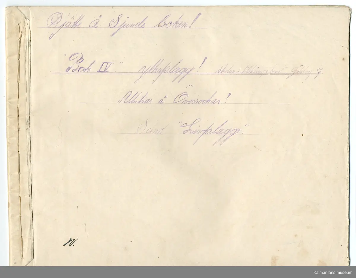 KLM 46244:1:1-7. Bok. Lärobok. Bestående av mapp med arbetsböcker. I mappen finns sex st. handskrivna arbetsböcker, två st. om tillskärning och fyra st. om mönsterkonstruktion, för herrkläder. 
:1. Mapp. Av brun kartong. Hemmagjord. Öppen i sidorna, överlappar längs ena långsidan och stängs med fastsydd svart tryckknapp. På baksidan handskriven text: Fredrik Nilsson Skrädderi Glömminge. Tydligen har Herbert återanvänt kartong som hans far använt.
:2. Arbetsbok i tillskärning, handskriven teori. Köpt linjerat skrivhäfte klätt i vitt omslagspapper. Handskriven text på framsidan: Teoretisk Teknik å Teknisk praktik undervisning i systemen Lanridge, Årelslaget, Clinax å Tegner. Skolan i Tillskärningskonst Göteborg 7. Herbert Nilsson. I övrigt klottrade ortsnamn på omslaget. Boken handlar om tillskärning för olika plagg och deras mönsterkonstruktion. Texten hänvisar till mönsterkonstruktionsritningar i arbetsböcker :4 - :7.
:3. Arbetsbok i tillskärning, handskriven teori. Boken består av linjerade ark som är ihopsydda till en bok/häfte. På framsidan handskriven text: Praktisk Teoretisk undervisning i Systemen minister å Tegner perkorespondans Skolan i Tillskärningskonst! Göteborg 7. Den 21 januari 1924! Herbert Nilsson. Boken handlar om tillskärning för olika plagg och deras mönsterkonstruktion. Texten hänvisar till mönsterkonstruktionsritningar i arbetsböcker :4 - :7.
:4. Arbetsbok i mönsterkonstruktion. Boken består av vita ark ihopsydda till en bok/häfte. Handskriven text på första sidan: "Tredje boken" praktisk Teoretisk undervisning i Ärmar - Västar (efter mått lagd på väst) Västar (efter mått lagd på kavaj) Skolan i Tillskärningskonst Göteborg 7 Den 21 januari 1924 Herbert Nilsson. Boken innehåller mönsterkonstruktionsritningar för olika typer av västar.
:5. Arbetsbok i mönsterkonstruktion. Boken består av vita ark ihopsydda till en bok/häfte. Handskriven text på första sidan: "Fjärde boken" "Bok I del I" Praktisk teoretisk undervisning i Systemen Minister å Tegner -per-korespondens- Skolan i Tillskärningskonst Göteborg 7 Herbert Nilsson Nytorgsgatan 23B Den 21 januari 1924. Boken innehåller mönsterkonstruktionsritningar för olika typer av kavajer.
:6. Arbetsbok i mönsterkonstruktion. Boken består av vita ark ihopsydda till en bok/häfte. Handskriven text på första sidan: "Fämte boken" "Bok III" Skolan i Tillskärningskonst Göteborg 7 Benkläder! Byxor å ridbyxor. Boken innehåller mönsterkonstruktionsritningar för olika typer av byxor, b.la. byxor för hjulbenta och kobenta.
:7. Arbetsbok i mönsterkonstruktion. Boken består av vita ark ihopsydda till en bok/häfte. Handskriven text på första sidan: Sjätte å Sjunde boken! "Bok IV" ytterplagg! skolan i tillskärningskonst Göteborg 7 Ulstrar å Överrockar! Samt "Livplagg". Boken innehåller mönsterkonstruktionsritningar för olika typer av ytterplagg.