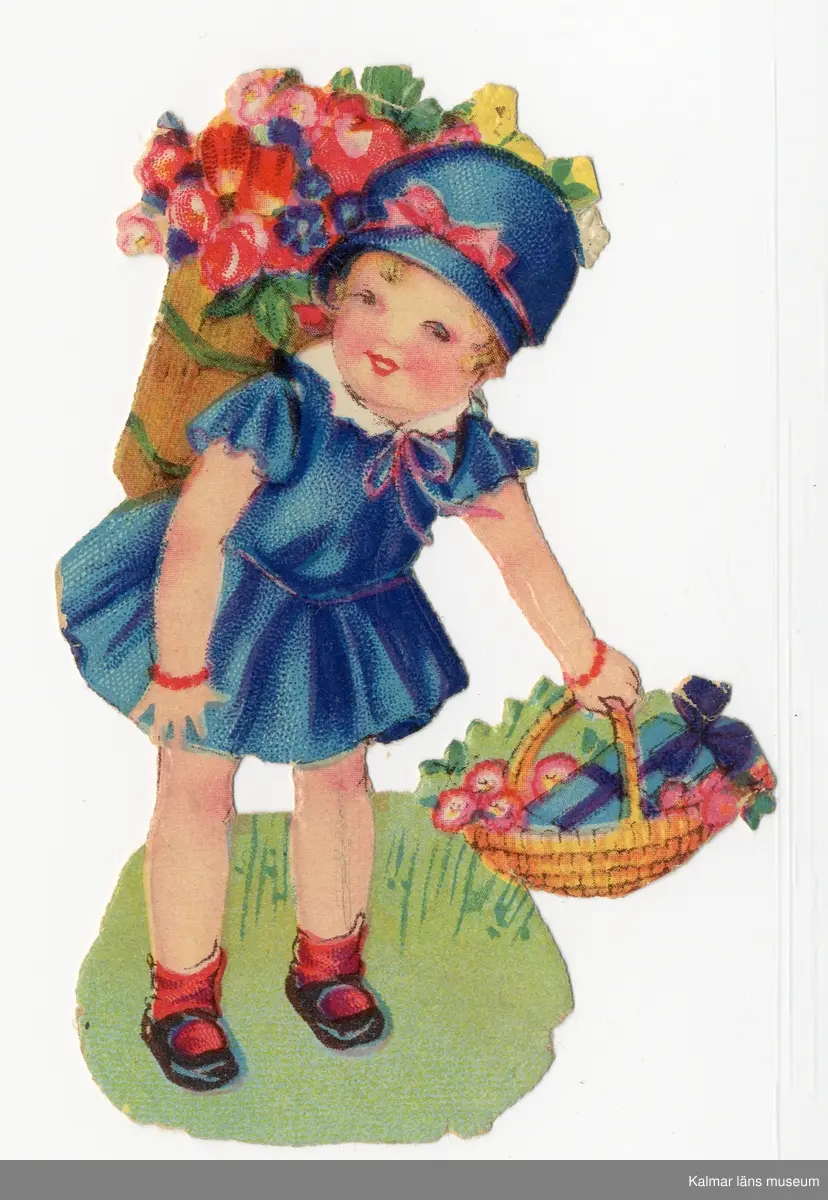 KLM 28620:13:1-2. Bokmärke. 2 stycken. Tryckta i bjärta färger och glansade. :1 flicka med blomsterkorg i handen och på ryggen. På baksidan står: "från Ann Sofi". :2 flicka som håller om en blomkruka med rosor och ett brev i andra handen. Något stukade. Bokmärken hittade i boken KLM 28620:10.