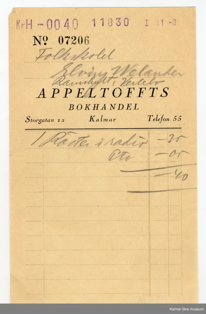 KLM 45636. Tidskrift. Titel: Röster i radio, Vårens föredrag 1930. Häftad. Med ursprungligt inköpskvitto, inköpt av folkskoleläraren Elving Welander, Ramshult, Verlebo, på Appeltoffts bokhandel, Kalmar.