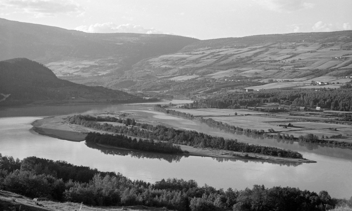 Bilde 1:
Landskapsbilde fra Sør-Fron i Gudbrandsdalen. Bildet er tatt fra Baksidevegen, nord for garden Isum, sør for Muriteigen. I forgrunnen ser vi en stilleflytende del av elva Lågen, med Langøya. Til venstre i bildet ser vi Ulbergshaugen. Ellers ser vi mot solsida, lia på østsida av dalføret, der gardene ligger omgitt av dyrket mark, avbrutt av det djupe dalføret med elva Augla. Fotografiet er tatt av en av funksjonærene i Glomma fellesfløtingsforening.  For aktørene i fløtinga representerte Langøya med omliggende sandbanker et hinder, de tømmeret lett kunne strande. Elvestrekningen fra Harpefoss, et par kilometer nordenfor det stedet der dette fotografiet er tatt, og ned til Tretten, var stilleflytende, farbart med båt og forholdsvis lett fløtbart.

Bilde 2:
Gudbrandsdalslågen og Solsida i Sør-Fron kommune i Oppland, sett fra Baksidevegen i nærheten av småbruket Muriteigen. Her renner Lågen stille forbi Langøya, en delvis krattbevokst sandbanke, der fløtingstømmeret antakelig hadde lett for å strande. Den sørvestvendte lia på den andre sida av elva var stort sett oppdyrket. Strimer av krattskog mellom åkrene markerer eiendomsgrenser. Helt til venstre i bildet skimter vi mot et skar der elva Augla rant ned mot Lågen. Dette fotografiet ble tatt sommeren 1959.

Bilde 3:
Solsida i Sør-Fron i Gudbrandsdalen, sett fra en posisjon på vestsida av Lågen. I forgrunnen – som da bildet ble tatt lå i skyggen – var det et engareal, som endte ved krattskogen mot elveløpet. På motsatt side av vassdraget lå det et par gardsbruk, men ellers var det relativt flate lendet mot elva stort sett skogkledd. Ellers ser vi Sør-Fron kirke, men kommunesenteret Hundorp er stort sett skjult bak skog. I den vestvendte lia ovenfor er det jordbruket som preger landskapet, med striper av buskvegetasjon på eiendomsgrensene mellom åkerflatene. Øverst i lia, 6-700 meter over havet, overta skogen. 

Bilde 4:
Landskapsfotografi fra Sør-Fron i Gudbrandsdalen. Bildet ser ut til å være tatt fra vestsida av Lågen – fra Baksida – der engarealet framfor fotografen lå i skyggen av Ulbergshaugen. På motsatt side av det stilleflytende elveløpet ser vi over mot Odenvollen og Hovevollan, ei flat elveslette der gardbrukerne på ovenforliggende eiendommer dyrket vinterhøy som ble lagret i løer i påvente av sledeføret. Nederst i lia til venstre i bildet, langs jernbanetraséen, vokste det skog. I venstre halvdel av bildet skimter vi Hundorpbrua. Bak den ser vi mot Kjønnås i Ringebu kommune. Grenda som lligger delvis skjult bak en del greiner til høyre på bildet kalles Nørdre Lia. Dette fotografiet ble tatt i 1959.