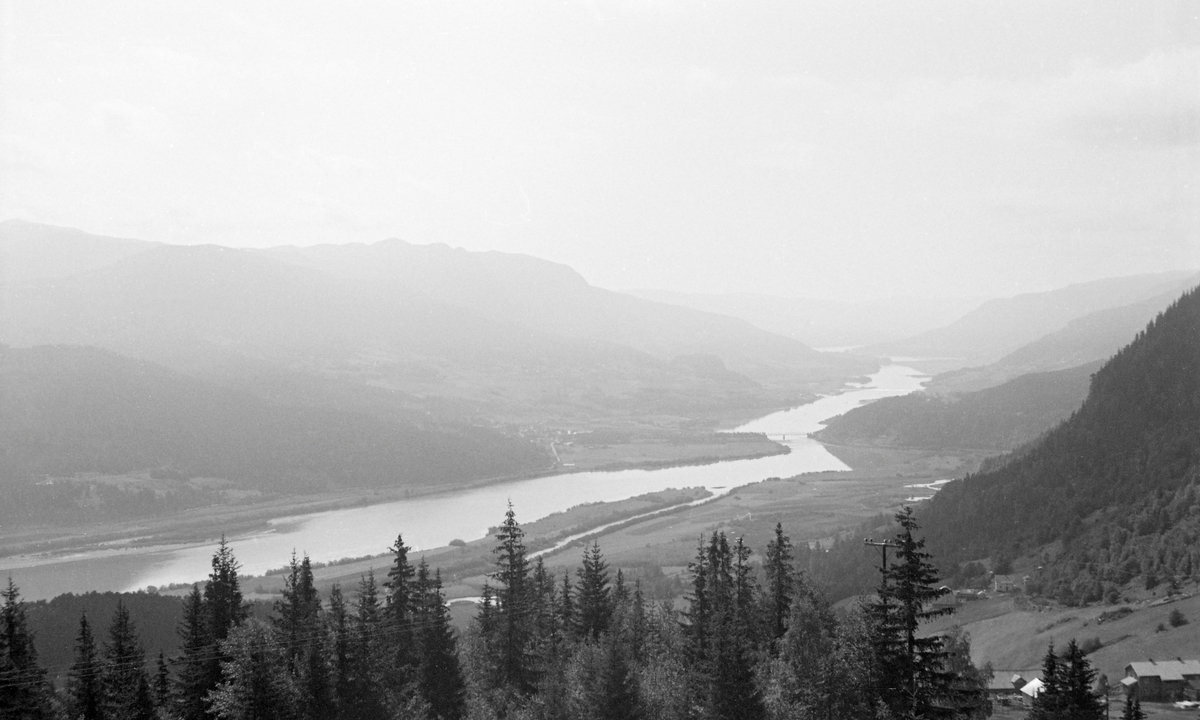 Gudbrandsdalen ved Fåvang i Ringebu kommune, fotografert fra den nordvestvendte hellinga under Leirdalskampen, muligens fra Gopollvegen. Bildet ble tatt i 1959 med kameraet vendt nordover dalføret. Fotografen, som var ingeniør og inspektør i Glomma fellesfløtingsforening har tatt dette bildet for å vise hindringer tømmeret møtte på sin veg nedover Gudbrandsdalen. Her var det antakelig Storøya og Tretterøya med mellomliggende trange elvefar han har vært opptatt av å dokumentere.