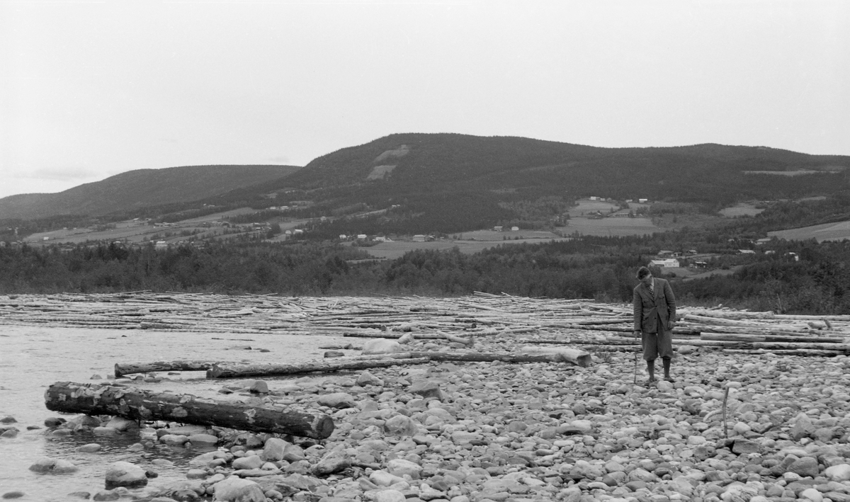 Gudbrandsdalslågen, fotografert i medstrøms retning ved Vinstraelvas innløp i Lågen, sørvest for kommunesenteret i Nord-Fron. Bildet ble tatt sommeren 1959. I bakgrunnen ser vi grenda Ruste med Kvitberget i bakgrunnen. I østhellinga av dette høgdedraget ser vi tippen etter kraftutbygginga i Vinstravassdraget som et skår i terrenget. Dette fotografiet ble tatt av en av ingeniørene i Glomma fellesfløtingsforening. Han var nok primært opptatt av vassdragstopografien og av hindringer som vanskeliggjorde tømmertransporten på det rennende vatnet. Her er det nok særlig sand og grus Vinstraelva har avsatt ved sitt utløp i den noe mer stilleflytende Lågen. Disse massene ble liggende som stein- og grusører, der fløtingstømmeret i hovedvassdraget hadde lett for å strande når det var lav vannføring. Her ser vi et eksempel på dette. Da fotografiet ble tatt lå det mye tømmer på steinørene i forgrunnen. Fløterne måtte sannsynligvis bære tømmeret ut i de strømmende vannmassene igjen, og det ville koste Glomma fellesfløtingsforening penger. Fellesfløtingsforeningens funksjonærer var derfor opptatt av vannføringa, som var påvirket av kraftverkene i området. Med hensyn til situasjonen på dette fotografiet har man notert seg at Vinstra hadde vært tappet med cirka 80 kubikkmeter vann i sekundet. Mannen i forgrunnen er sannsynligvis en av deltakerne fra Glomma fellesfløtingsforening direksjonsbefaring i Gudbrandsdalen i 1959.