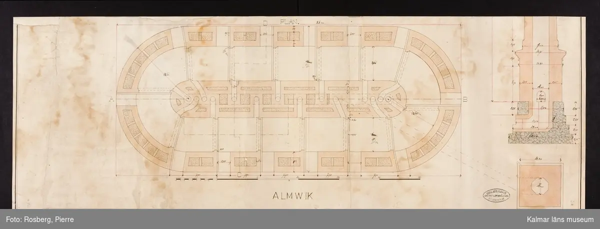 Planritning över tegelbrännugn s k ringugn och sektionsritning över skorsten vid  Almviks Tegelbruk.