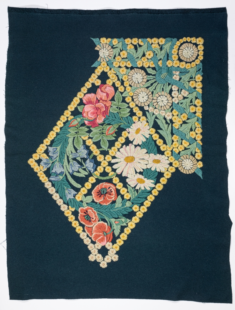 Påbörjad dyna, 80 x 58. Broderi i schattersöm i ullgarn i ljusa färger på blått kläde. Parti ur stor bonad av Ferdinand Boberg. Blommor och bladverk i fält inramat av gullvivor. Ljusgult, vitt, grönt, blått, rött m.fl. färger.