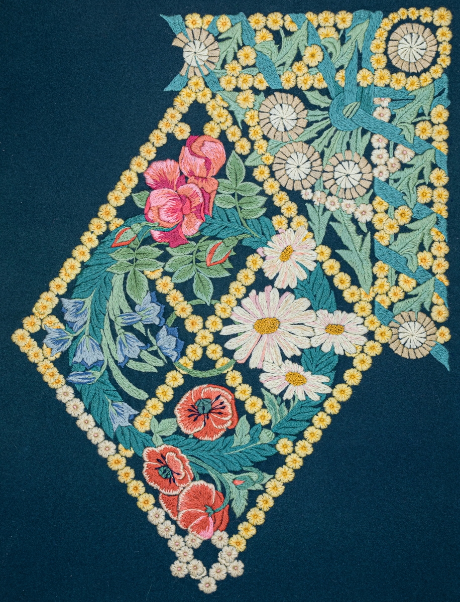 Påbörjad dyna, 80 x 58. Broderi i schattersöm i ullgarn i ljusa färger på blått kläde. Parti ur stor bonad av Ferdinand Boberg. Blommor och bladverk i fält inramat av gullvivor. Ljusgult, vitt, grönt, blått, rött m.fl. färger.