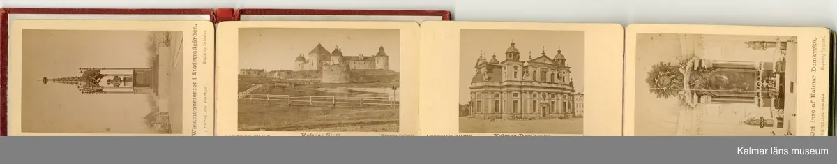 KLM 25416. Album, fotoalbum. Rött linneband med text och ramverk i guld: Kalmar. Innehåller 12 fotografier från omkring år 1880 med motiv från Kalmar.