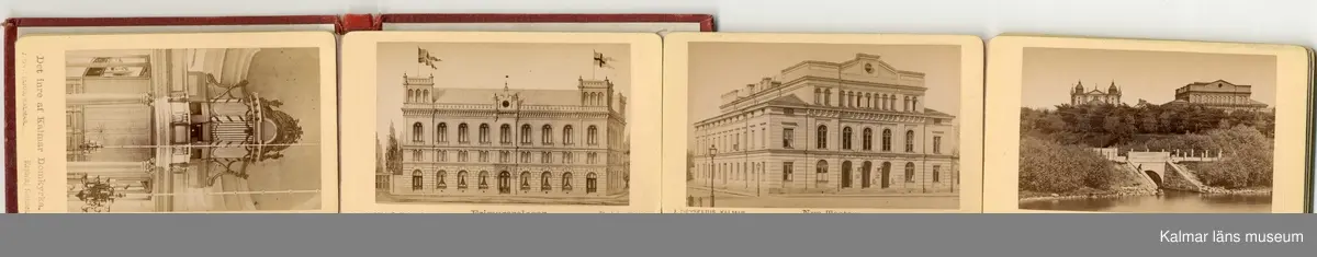 KLM 25416. Album, fotoalbum. Rött linneband med text och ramverk i guld: Kalmar. Innehåller 12 fotografier från omkring år 1880 med motiv från Kalmar.