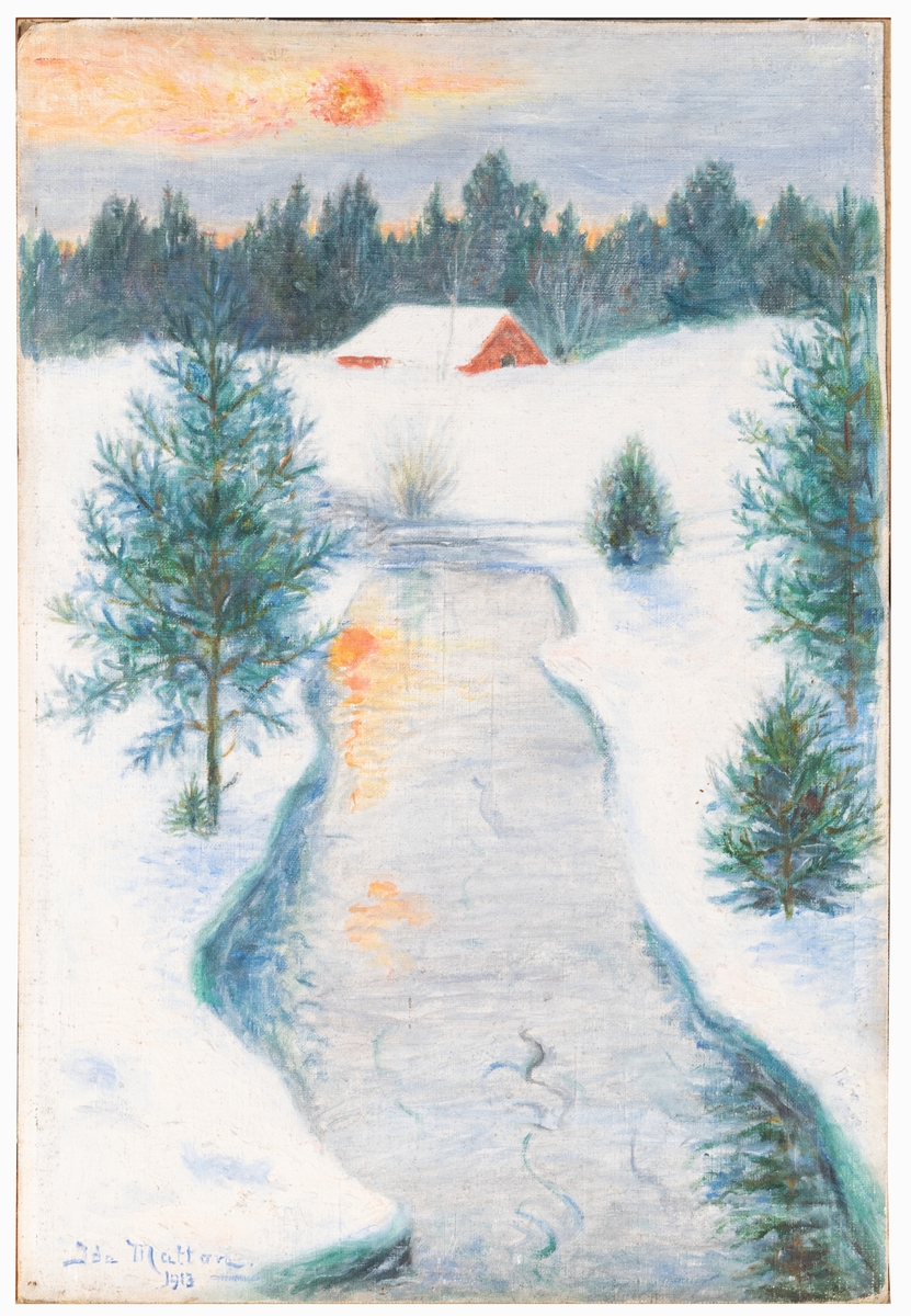 Ett vinterlandskap med bäck i solnedgång. På baksidan en etikett från utställning med: Salon de l´Union des Femmes Peintures et Sculpteurs, Ida Matton, 233 Rue de Fg St. Honoré, Peinture, Soleil de Décembre, Suède. På etiketten skrivet med bläckpenna: Bengt.