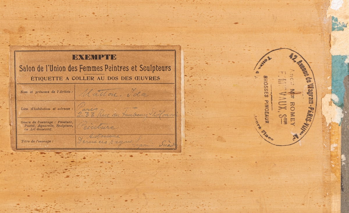 Fjällandskap i höstfärger. Originalram. Etikett på baksidan från utställning: Salon de 
l´Union des Femmes Peintures et Sculpteurs. Ida Matton, Paris 233 Rue du Faubourg St Honoré, Peinture, Dernier reg___(?), Laponi, Suède.