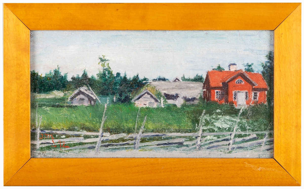 Gård med gärdsgård, i sommargrönska. Originalram.