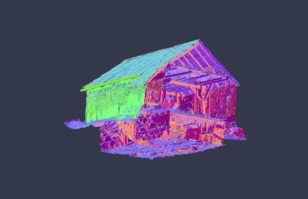 illustrasjon av ein laserskanna bygning sett nedanfrå