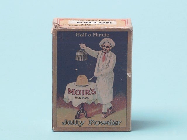 Gelépulver 1 paket. Moir's table jelly powder hallonsmak. Tillverkad av John Moir & Son Limited, London, Aberdeen & Cape Town.