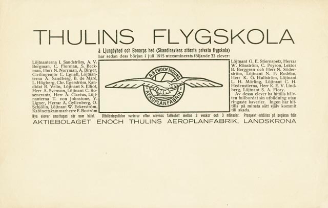 THULINS FLYGSKOLA. Annonsblad för "Thulins flygskola å Ljungbyhed och Bonarps hed