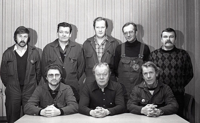 Arbetsledarnas styrelse 1981, Uno Nilsson, Lars Bengtsson, Henning Laursen, Olof Sällman, Jussi Rautola, Kjell-Åke Lindberg, Gunnar Nilsson och Åke Hansson.
