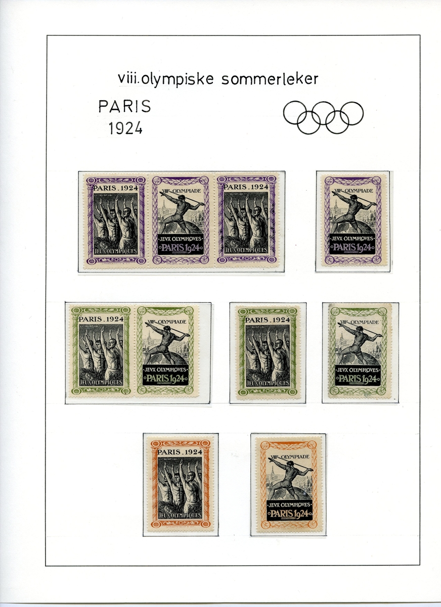 Ti klistremerker fra sommer-OL i Paris 1924 montert på en albumside. To ulike design, det ene viser atleter som hilser og det andre viser en spydkaster.