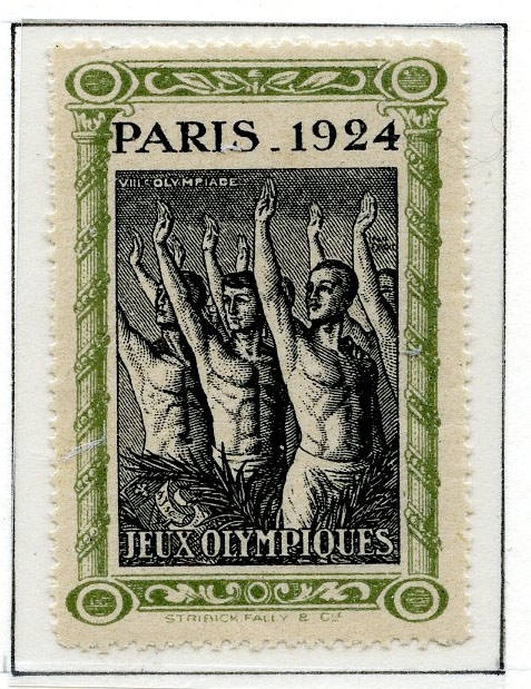 Ti klistremerker fra sommer-OL i Paris 1924 montert på en albumside. To ulike design, det ene viser atleter som hilser og det andre viser en spydkaster.