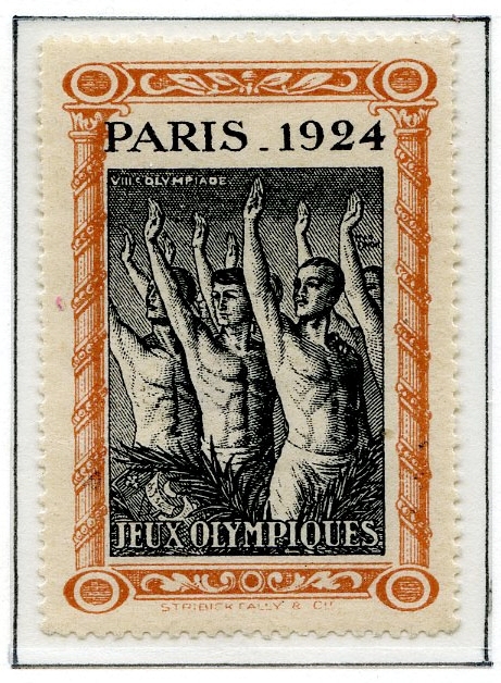 Ti klistremerker fra sommer-OL i Paris 1924 montert på en albumside. To ulike design, det ene viser atleter som hilser og det andre viser en spydkaster.