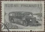 Frimärken ur Gösta Bodmans filatelistiska motivsamling, påbörjad 1950. Frimärke från Finland, 1946. Motiv av Buss för personbefordring samt post 