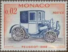 Frimärken ur Gösta Bodmans filatelistiska motivsamling, påbörjad 1950. Frimärke från Monaco, 1961. Motiv av Peugeot: 1898