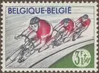 Frimärken ur Gösta Bodmans filatelistiska motivsamling, påbörjad 1950.  Frimärke från Belgien, 1963. Motiv av Cykel Tävling. 