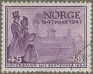 Frimärken ur Gösta Bodmans filatelistiska motivsamling, påbörjad 1950. Frimärke från Norge, 1947. Motiv av Lokomotiv på Hovedbanan i Norge den 1 sept. 1854. 