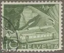 Frimärken ur Gösta Bodmans filatelistiska motivsamling, påbörjad 1950. Frimärke från Schweiz, 1949. Motiv av Järnvägar och väg i Alperna