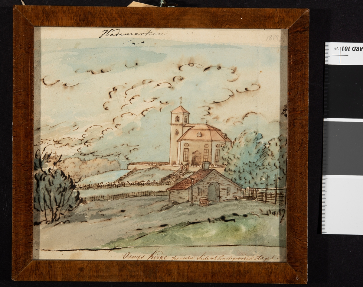 Akvarell malt av Flintoe. Motiv: Vang kirke. Med ramme. Datert 1817.