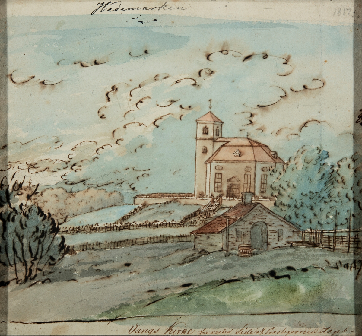 Akvarell malt av Flintoe. Motiv: Vang kirke. Med ramme. Datert 1817.