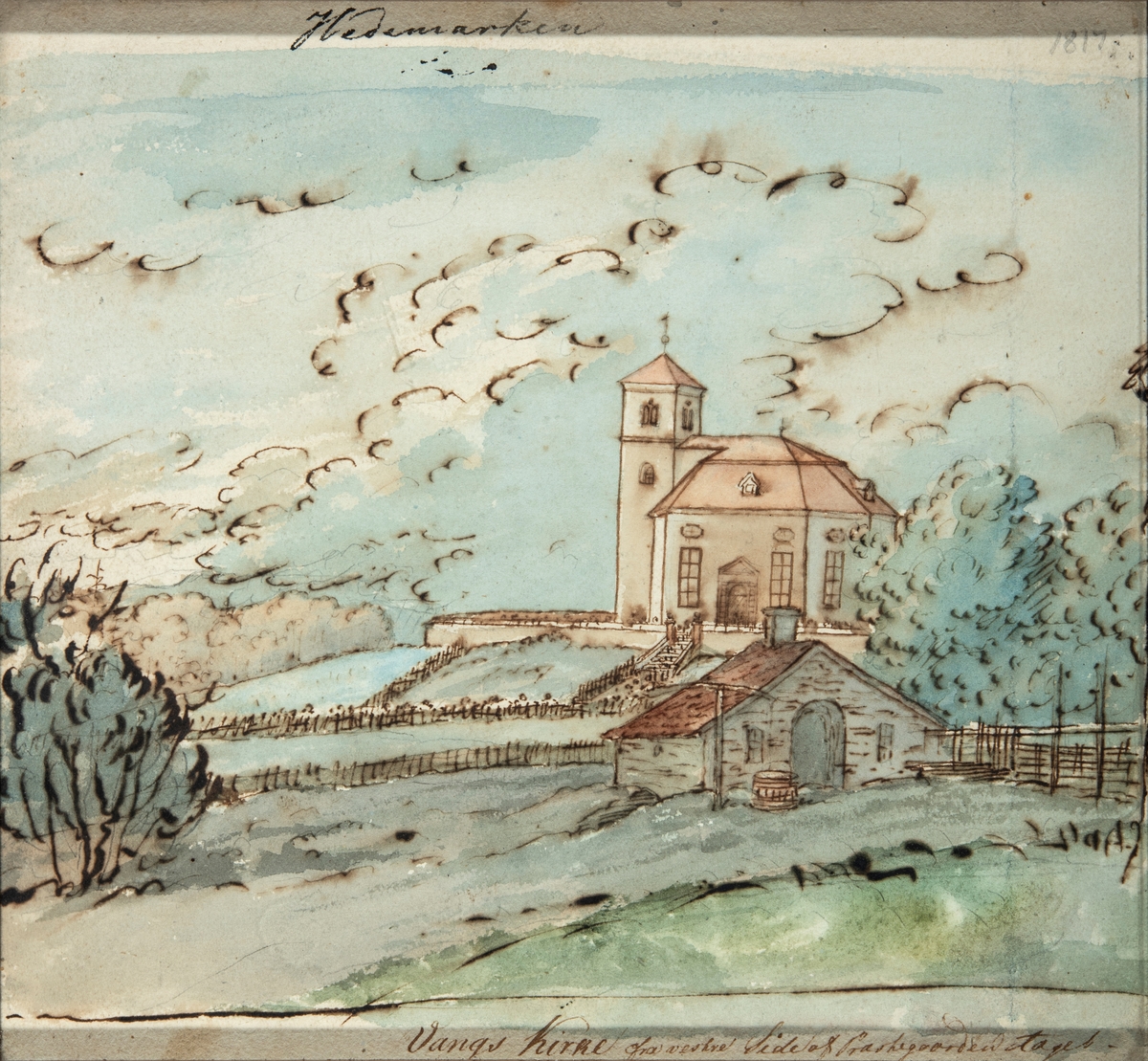 Akvarell malt av Flintoe. Motiv: Vang kirke. Med ramme. Datert 1817.