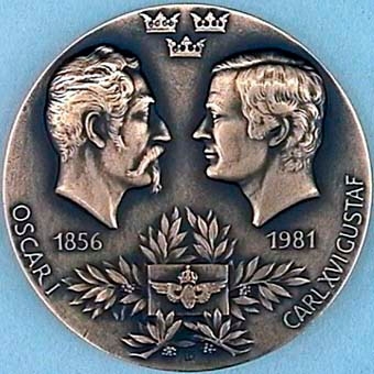 Minnesmynt av brons från SJ:s 125-årsjubileum.
På framsidan Oscar 1:e och Karl XVI Gustaf, och på baksidan guden Merkurius hållande ett ellok och ett ånglok. Runt kanten texten Statens Järnvägar.