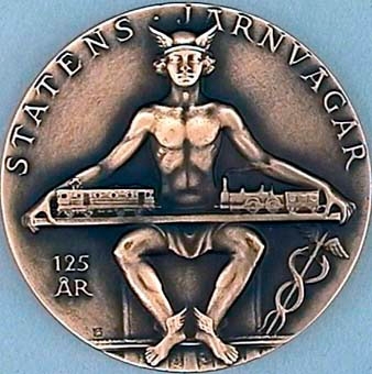 Minnesmynt av brons från SJ:s 125-årsjubileum.
På framsidan Oscar 1:e och Karl XVI Gustaf, och på baksidan guden Merkurius hållande ett ellok och ett ånglok. Runt kanten texten Statens Järnvägar.
