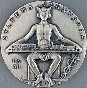 Minnesmynt av silver från SJ:s 125 årsjubileum.
På framsidan Oscar 1:e och Karl XVI Gustaf, och på baksidan guden Merkurius hållande ett ellok och ett ånglok. Runt kanten texten Statens Järnvägar.